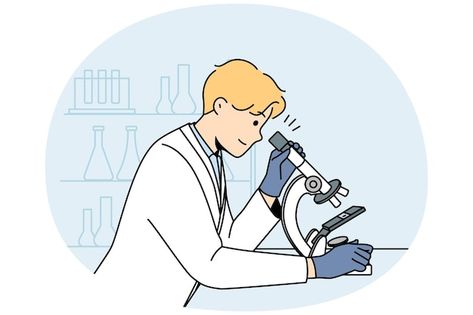 Young man scientist in white medical uni... | Premium Vector #Freepik #vector #man #work #science #people Scientist Illustration, Laboratory Medicine, Student Cartoon, Medical Uniforms, Biotechnology, Microbiology, Vector Photo, Character Illustration, Premium Vector