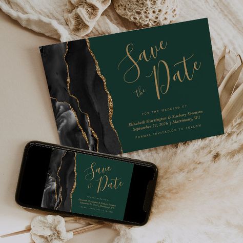 Black Gold Agate Emerald Green Save the Date Invitation Dark Green Wedding, Emerald Green And Gold, Green Weddings, Handwriting Script, Green Themed Wedding, Emerald Green Weddings, Gold Wedding Theme, Dark Wedding, Wedding Needs