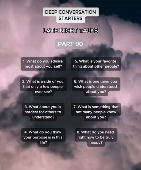 Conversation Starters On Text, Questions For Ur Bf, Deep Conversation Starters For Friends, Deep Conversations Starters, Deeper Conversation Starters, Facetime Conversation Starters, Late Night Conversations Topics, Late Night Talks Questions, Deep Convo Starters