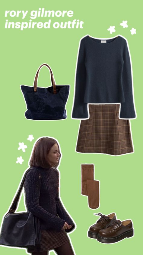 Warm Day Fall Outfits, Brown Plaid Skirt Outfit, Fall Outfit Inspired, Plaid Skirt Brown, Gilmore Girls Style, Big Sweater Outfit, Brown Skirt Outfit, Rory Gilmore Aesthetic, Brown Plaid Skirt