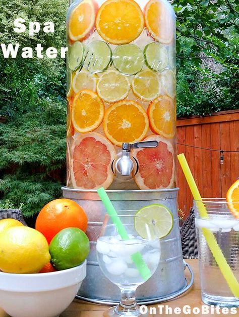 Spa water is fruit infused water. Infusion water is so simple to make and with a little effort can be beautiful. Wash citrus like orange, lemon or lime, or add berries to water. See post for how to make it look like the picture. OnTheGoBites.Com #infusedwater #flavoredwater Labor Day Food Ideas, Fruit Flavored Water, Labor Day Food, Fruit Infused Water Recipes, Infused Water Recipes, Fresh Drinks, Fruit Infused Water, Spa Water, Fruit Water