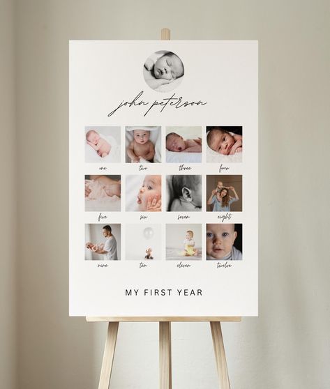 My First Year Picture Display, Minimalist First Birthday, Birthday Photo Board, 1st Birthday Photo Collage, Baby First Year, One Year Pictures, Birthday Milestone Board, 1st Birthday Photo, Birthday Photo Collage