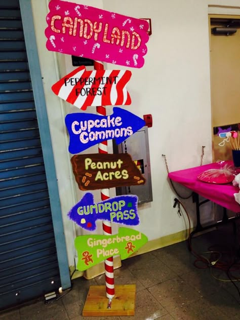 My candyland location sign! Love how it came out Location Sign, Willy Wonka Party, Candy Themed Party, Candy Land Birthday Party, Wreath Candy, Candy Land Christmas Decorations, Candy Land Christmas Decorations Diy, Candyland Birthday, Candy Land Christmas Decorations Outdoor