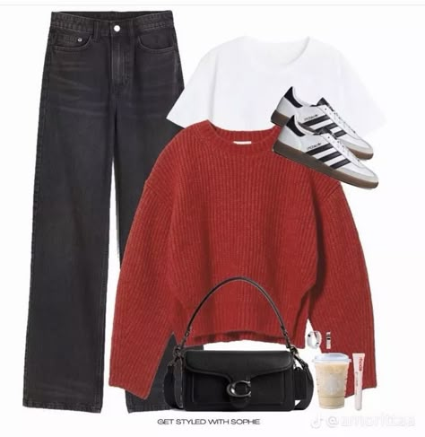 Red Sweater Outfit, Looks Jeans, Outfits Jeans, Uni Outfits, Stockholm Fashion, Red Sweater, Mode Inspo, Outfit Fall, Outfit Inspo Fall