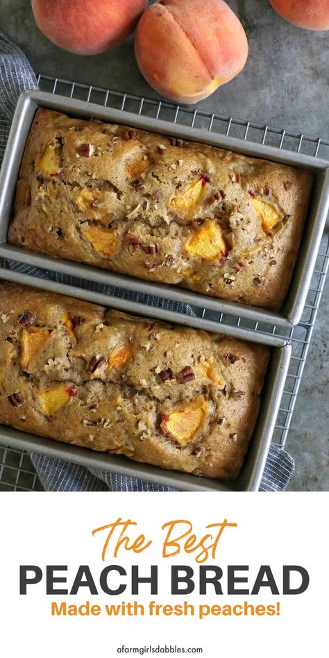 This moist and flavorful Peach Bread recipe is full of ripe, juicy peaches, salty roasted pecans, and warm cinnamon. It's a wonderful way to enjoy summer's best peaches! Peach Bread Recipe, Bakes Goods, Peach Quick Bread, Fresh Peach Recipes, Peach Bread, Tea Bread, Peach Desserts, Roasted Pecans, Best Bread Recipe