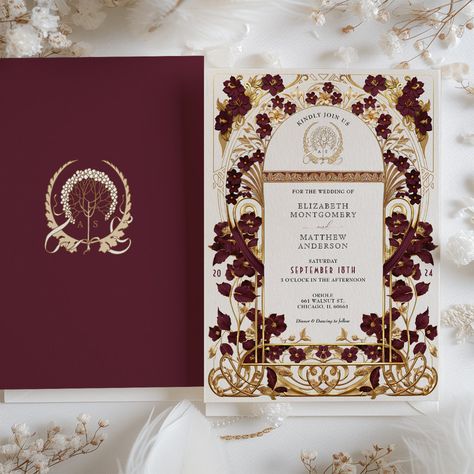 Burgundy & Antique Gold Floral Wedding Invitation Antique Wedding Invitations, Burgundy Wedding Invitations, Blue Antique, Wedding Anniversary Invitations, Wedding Invitations Romantic, Floral Wedding Invitation, Invitation Card Design, Burgundy Wedding, Gold Filigree