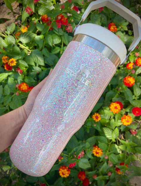 Each item is made-to-order and fully customizable. Please verify expected delivery dates before purchasing.  The color option you are choosing is the color of the lid, then in the personalization box you may choose any color for the main part of the tumbler to either match the tumbler or to contrast. You may choose to have the glitter go all the way to the top, or leave the existing silver rim exposed.  This item can be personalized with a name if requested, font choices are on the last slide of Stanley Bottle, Stanley Products, Fancy Cup, Trendy Water Bottles, Stanley Cups, Eco Friendly Accessories, Cute Water Bottles, Custom Tumbler Cups, Custom Glitter