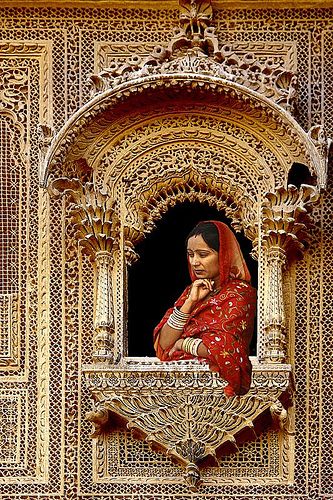 Finely Carved Window - Jaisalmer | # 94 0n MY EXPLORE | Tilak Haria | Flickr..For more amazing pins follow me@vidhya ❤️ Tac Mahal, Amazing India, Woman In Red, Looking Out The Window, Jaisalmer, Indian Architecture, We Are The World, Bhutan, People Of The World