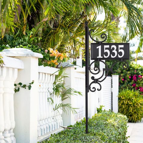 Whitehall Products Nite Bright Black White Ironwork Reflective Address Post Sign 14338 | Bellacor Exterior Wall Ideas, Yard Address Sign, Address Sign Post, Commercial Property Design, Front Yard Driveway, Front House Ideas, Farm Gates Entrance, Yard Fence Ideas, Farmhouse Entrance