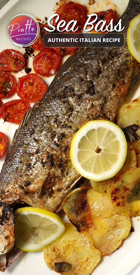 Whole Black Sea Bass Recipe, Sea Bass Recipes Baked, Whole Sea Bass Recipes, Black Sea Bass Recipe, Branzino Recipe, Bass Recipes, Potatoes And Tomatoes, Sea Bass Recipe, Baked Sea Bass