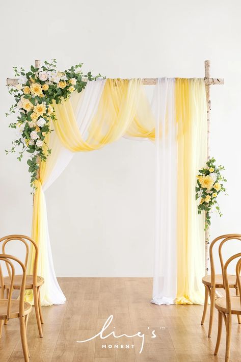 Elevate your event with our stunning Flower Arch Decor with Drapes in Lemonade Yellow by Ling's Moment. Perfect for weddings, special occasions, or just to make your entrance extravagant. Get ready for endless compliments and a memorable experience for all your guests! Floral Columns Wedding, Yellow Wedding Arch, Pale Yellow Wedding Theme, Archway Decorations, Lavender And Yellow Wedding, Yellow Theme Wedding, Golden Wedding Decor, Flower Arch Decor, Yellow Wedding Decor