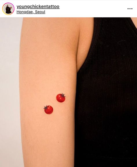 Tattoo tomatoe Tiny Tomato Tattoo, Cherry Tomato Tattoo, Tomato Tattoo, Tiny Tats, Tattoo Inspo, Small Tattoos, Tatting, Tattoo Ideas, Piercings