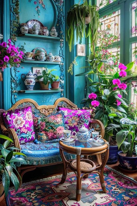 Boho Meditation Room, Tea Nook, Rainbow Canopy, Boho Sunroom, Inviting Colors, Yoga Studio Design, Intimate Space, Vintage Tea Sets, Boho Patio