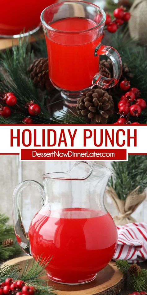 This red Holiday Punch recipe is only 5 ingredients including fruit juice and club soda. It's a fizzy, fruity, non-alcoholic Christmas drink. (3-ingredient sugar-free version also available.) Red Punch Recipes, Winter Themed Desserts, Non Alcoholic Christmas Punch, Christmas Drinks Nonalcoholic, Holiday Punch Recipe, Xmas Drinks, Red Punch, Kids Punch, Alcoholic Desserts