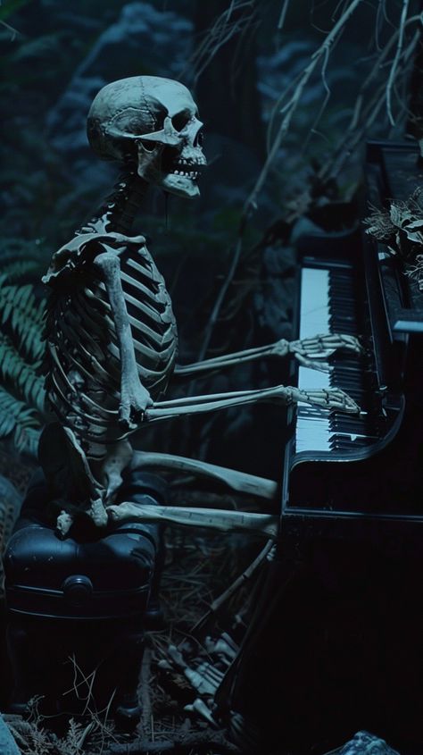 DVD Screengrab of Berserker 1987: Skeleton Playing Piano in Forest Skeleton Playing Piano, Forest At Night, The Wraith, Inspirational Digital Art, Piano Art, Photography Movies, Linoleum Print, Night Forest, Playing Piano