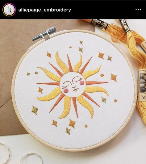 Check them out! They're great!! Sky Embroidery, Sleeping Sun, Sun Embroidery, Stars Embroidery, Dmc Embroidery, White Cotton Fabric, Dmc Embroidery Floss, Star Embroidery, Sun Art