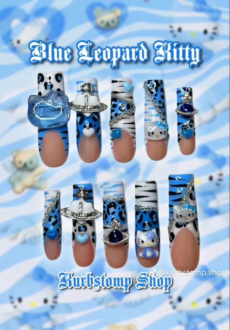 Blue Junk Nails, Hello Kitty Junk Nails, Blue Hello Kitty Nails, Blue Y2k Nails, Nails 2000s, Kawaii Hellokitty, Cosmetology License, Junk Nails, Black Acrylic Nails