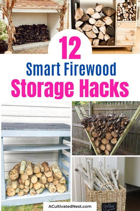 12 Smart Firewood Storage Hacks- Do you need a simple solution to store your firewood this winter? Check out these smart firewood storage hacks to make your life easier and get your firewood organized! | firewood organization ideas, #firewood #storageIdeas #organize #homeOrganization #ACultivatedNest Firewood Storage Under Tv, Store Wood Outside Ideas, Cord Wood Storage, Store Firewood Inside, Diy Wood Rack Indoor, Easy Wood Storage Ideas, Patio Wood Storage, Storing Firewood Indoors, Ways To Stack Firewood