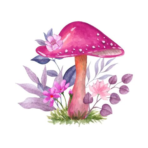 Pink Mushroom Drawing, Colourful Mushroom Art, Watercolor Art Digital, Pink Mushroom Painting, Pink Mushroom Art, Mushroom Watercolor Paintings, Groovy Watercolor, Magic Mushroom Illustration, Mushroom With Flowers