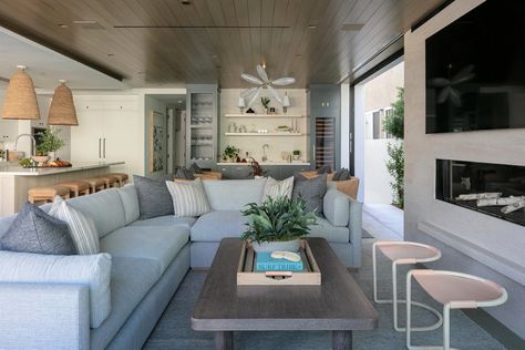 Brooke Wagner Design_Interior Design_Corona del Mar, California | Work (Title) Tv Between Windows, Windows Design Ideas, Brooke Wagner Design, Brooke Wagner, Coffee Table Metal Frame, White Mantel, Hangout Spot, White Shiplap Wall, Grey Sectional