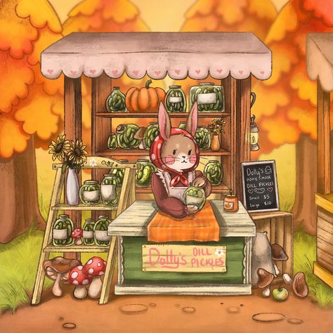 A bunny wearing a scarf is selling pickle jars at a farmer’s market stand. It’s fall season, perfect temperature and cozy. Farmer Market Illustration, Farmers Market Illustration, Fall Farmers Market, Homemade Dill Pickles, Market Illustration, Homemade Pickles Dill, Farmer Market, Fall Coloring, Dill Pickles