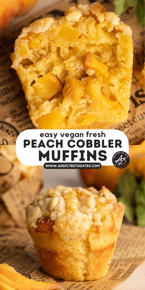 Easy Vegan Peach Cobbler Muffins Peach Muffin, Muffin Base, Cobbler Muffins, Vegan Peach Cobbler, Peach Cobbler Muffins, Df Recipes, Vegan Peach, Peach Muffins, Cobbler Easy