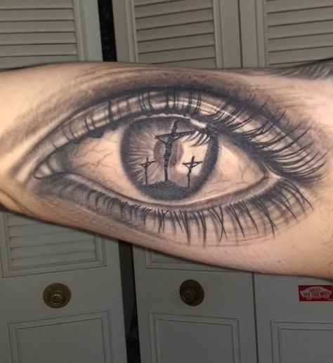 Gods Eye Tattoos For Men, Gods Eye Tattoo, Mens Eye Tattoo Ideas, Eye Bicep Tattoo, Eye Of God Tattoo, Eye With Cross Tattoo, Eye Forearm Tattoo, Eye Reflection Tattoo, Inner Bicep Eye Tattoo Men