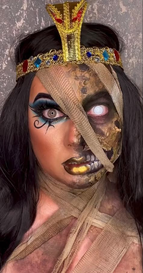 Scary Cleopatra Makeup, Mummy Makeup Halloween, Liquid Latex Makeup, Mummy Halloween Makeup, Mummy Makeup, Cleopatra Makeup, Horror Make-up, Monster Makeup, Rhinestone Makeup