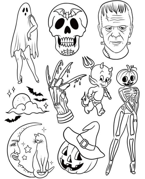 Tattoo Ideas Flash Art, Tattoos Drawings Outlines, Tattoo Flash Art Halloween, Spooky Tattoos Flash, Traditional Spooky Tattoo Flash, Cool Outlines, Halloween Flash Tattoo Sheet, Emo Flash Tattoo, Halloween Flash Tattoo Ideas