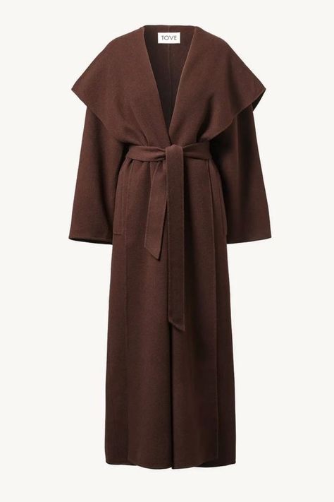 Dark Brown Wool Coat, Tove Studio, Dark Brown Coat, Coat Aesthetic, Long Cape Coat, Cape Collar, Brown Coat, Fashion Mode, Tie Belt