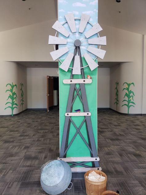 Farm Diy Decor, Farm Hallway Decor School, Diy Farm Decorations Party, Vbs Western Theme Ideas, Vbs Farm Theme Decoration, Western Parade Float, Wonder Junction Vbs, Wonder Junction Vbs 2025, Farm Bulletin Board Ideas