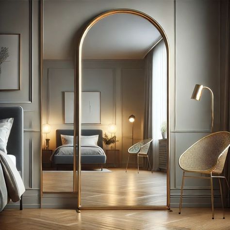 The NEUWEABY Arched Floor Mirror is a stunning full-length mirror designed to bring elegance and functionality to any space. Measuring 65 inches by 24 inches, this large mirror features a gracefully arched top and a sleek gold metal frame, adding a touch of sophistication to your bedroom, entryway, or living room. Full Length Mirror Design, Arched Floor Mirror, Length Mirror, Full Length Mirror, Large Mirror, Mirror Designs, Floor Mirror, Metal Frame, Gold Metal