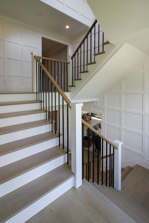 87_Welcoming and Functional Contemporary U-shaped Staircase, Arlington, VA 22207 - Transitional - Staircase - DC Metro - by Century Stair Company | Houzz Wall Detailing, Contemporary Staircase Design, Iron Stair Balusters, U Shaped Staircase, Stair Railing Makeover, Built In Bench Seating, Transitional Staircase, Contemporary Staircase, Wood Railing