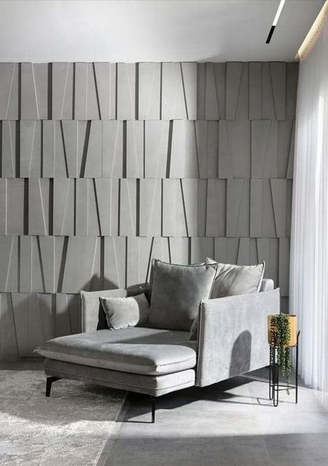 Bedroom With Tiles On Wall, Fluted Concrete Wall, Wall Pannel Ideas Interior, Wall Cladding Ideas, Wall Covering Ideas, Wall Sealing, Wall Cladding Designs, Wooden Accent Wall, Concrete Wall Panels