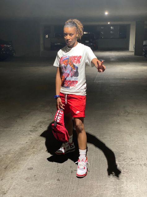 Fire red jordan 4s w/ nike nylon shorts🕸 Red 4s Outfit, Red Jordan 4s Outfit, Fire Red 4s Outfit Men, How To Style Jordan 4 Fire Red, Cherry Red 11s Outfit Men, Fire Red Jordan 4 Outfit, Fire Red 3s Outfit Men, Jordan Jumpman Two Trey Outfits, Fire Red 3s Outfit Black Women