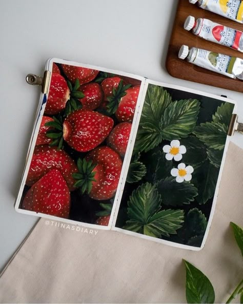 Strawberry Painting, Gouache Flowers, Canvas Art Painting Abstract, Handmade Paper Art, Food Art Painting, Gouache Color, Instagram Painting, Gouache Art, Art Painting Gallery