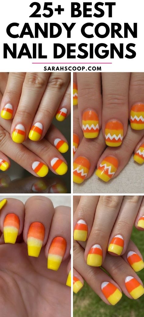 Get into the spooky spirit with these 25+ best candy corn nail designs that are perfect for Halloween! #HalloweenNails #CandyCornNails #NailDesigns Fall Nails Candy Corn, Diy Fall Nail Designs, Candy Corn Nail Designs, Candy Corn Nail Art, Candy Corn Nails Halloween, Carving Quotes, Candy Corn Nails, Pastel Nail Art, Spooky Candy