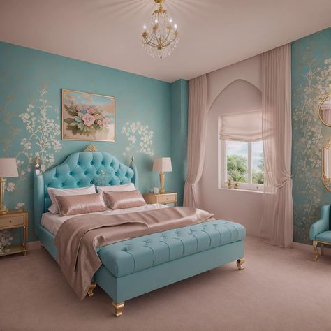 Colors, Aqua. AI generated interior design. Aquamarine Bedroom, Bedroom Tiffany Blue, Aquamarine Interior, Aqua Bedroom, Tiffany Blue Wall Paint, Aquamarine Bedroom Walls, Turquoise Girls Room, Aqua Bedrooms, Beautiful Room Ideas