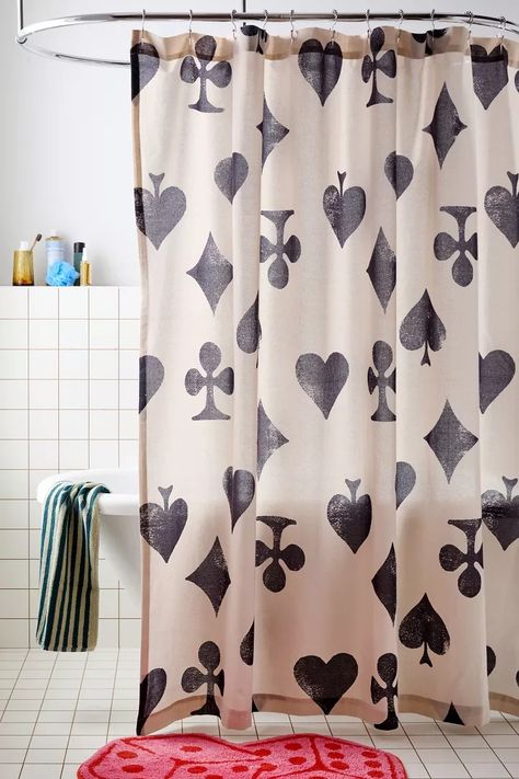 Card Symbol Shower Curtain | Urban Outfitters Eclectic Bathroom Shower Curtain, Mens Bathroom Shower Curtain, Bow Shower Curtain, Shower Curtain Ideas Creative, Dreamy Apartment, Urban Outfitters Curtains, Masculine Bathroom, Bathroom Lavatory, Girl Apartment Decor