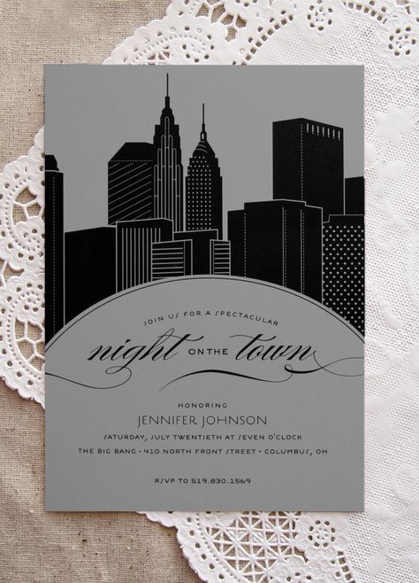 New York City Skyline Night on the Town Bachelorette Party Invitation. $1.75, via Etsy. New Jack City Party Theme, Gossip Girl Invitation, City Party Theme, City Themed Party, New York Theme Party, City Skyline Night, Nyc Party, Skyline Night, Gala Invitation