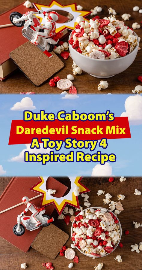 [AD] Disney Food | Disney Recipes | Toy Story Recipes | Inspired by Toy Story 4 character Duke Caboom, The Geeks have created a snack mix perfect for road trips or a movie night, Duke Caboom's Daredevil Snack Mix! 2geekswhoeat.com Yogurt Covered Raisins, Food Disney, Toy Story Movie, Disney Recipes, Easy Party Food, Toy Story Birthday Party, Night Snacks, Toy Story Birthday, Toy Story Party