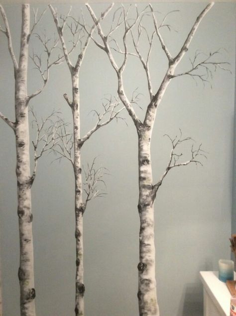 Diy Birch Tree Painting Wall Murals, Painting Birch Trees On Wall, Birch Tree Nursery Wall, Tree Wall Painting Ideas Branches, Birch Forest Mural, Tree Branch Wall Stencil, Birch Tree Mural, Birch Trees Painting, Tree Branch Decor