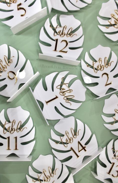 Monstera Leaf Table, Tiki Wedding, Tropical Wedding Centerpieces, Unique Table Numbers, Tropical Table, Wedding Table Number Signs, Bubble Letter Fonts, Font Bubble, Tropical Wedding Decor