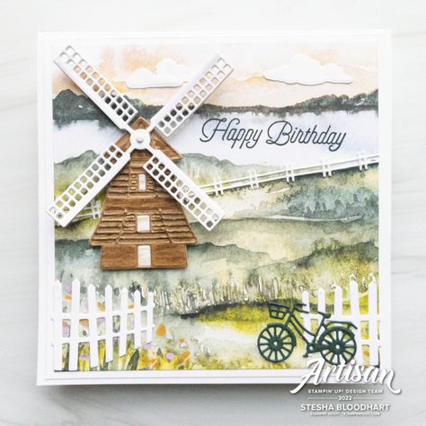 Create this square birthday card New Horizons DSP and Windmill Fields Dies from Stampin' Up! Card by Stesha Bloodhart, Stampin' Hoot! Earn Free Hoot Loot Windmill Cards, Cardmaking Tutorials, Wind Mill, Tulips Card, Stampin Up Catalog, Tulip Fields, Card Making Tutorials, Cards Birthday, Stamping Up Cards