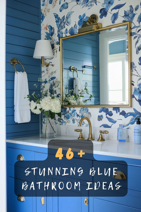 Discover elegant serenity with 46 blue bathroom designs that offer a touch of class. Featuring chic fixtures, refined color palettes, and sophisticated accents, these bathrooms are timeless. Click to discover these elegant inspirations and let your bathroom exude sophistication! 🛁🖤 #BlueBathroom #ElegantDesign #BathroomIdeas #ChicFixtures #RefinedPalettes #SophisticatedAccents #TimelessElegance Blue Master Bath, Colors For Bathrooms, Blue Bathroom Ideas, Blue And White Bathroom, Blue Bathrooms Designs, Blue Bathroom Tile, Blue Vanity, Bathroom Vanity Designs, Wood Bathroom Vanity