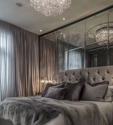 Grey Closet Bedroom, Gray Velvet Bedroom Ideas, Grey Bed Aesthetic, Trippy Interior, Glamorous Bedroom Ideas, Elevated Bedroom, Grey And Silver Bedroom, Black And Silver Bedroom, Lakehouse Bedroom