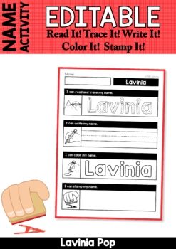 Editable Name Activity: Read It! Trace It! Write It! Color It! Stamp It! by Lavinia Pop | TpT Stamp Center Kindergarten, Preschool Center Name Tags, I Can Write My Name Free Printable, Teacher Stamps Grading, Grading Stamps Teachers, Hand Outline, Lavinia Pop, Class List, Kindergarten Prep