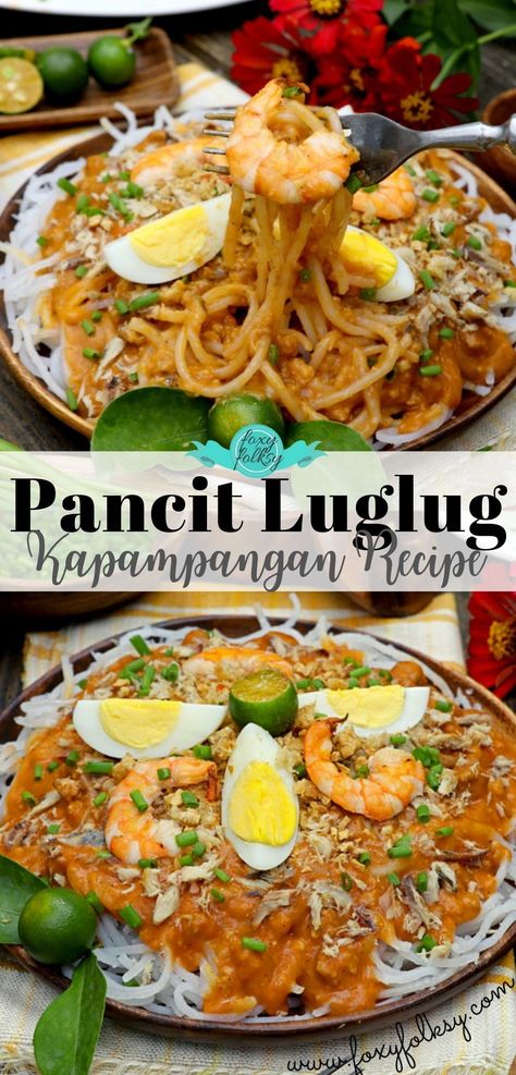 A Kapampangan version of Palabok wherein the (precooked) noodles are placed on a strainer and plunged repeatedly in hot or boiling water before dumping them on a plate (thus the name) to be smothered with the sauce and various toppings. It's delicious! | www.foxyfolksy.com #FoxyFolksyRecipes #luglug #palabok #pancit Pancit Luglug Filipino Recipes, Palabok Recipe Filipino Food, Palabok Sauce, Pancit Luglug, Pancit Sotanghon, Pancit Palabok Recipe, Palabok Recipe, Pancit Palabok, Recipes With Pasta