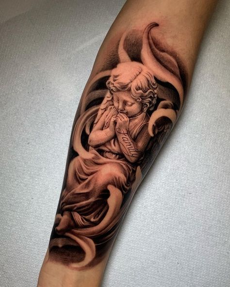 black-and-grey-realistic-statue-tattoo-silvia-trezzi Black And Grey Arm Tattoos, Black And Gray Tattoo Design For Men, Grey And Black Tattoos, Black And Grey Tattoo Design Realistic, Black And Grey Tattoo Ideas, Black And Gray Tattoo Design, Black And Grey Tattoo Design, Black And Gray Tattoos, Black And Gray Tattoo