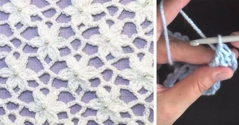 How to crochet the lacy flower pattern (video tutorial & diagram) Triple Crochet, Crochet Hat With Brim, Crochet Curtains, Flower Crochet, Bobble Stitch, Pattern Tutorial, Crochet Flower Patterns, Lace Flower, Crochet Stitch